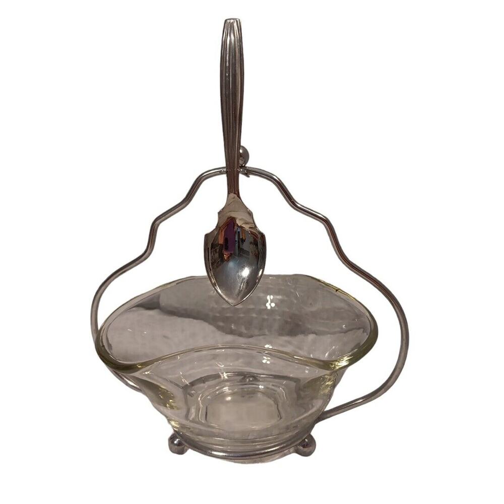 Sheffield England MCM Condiment Glass Bowl & Spoon on Caddy Silver Plate‎ VTG